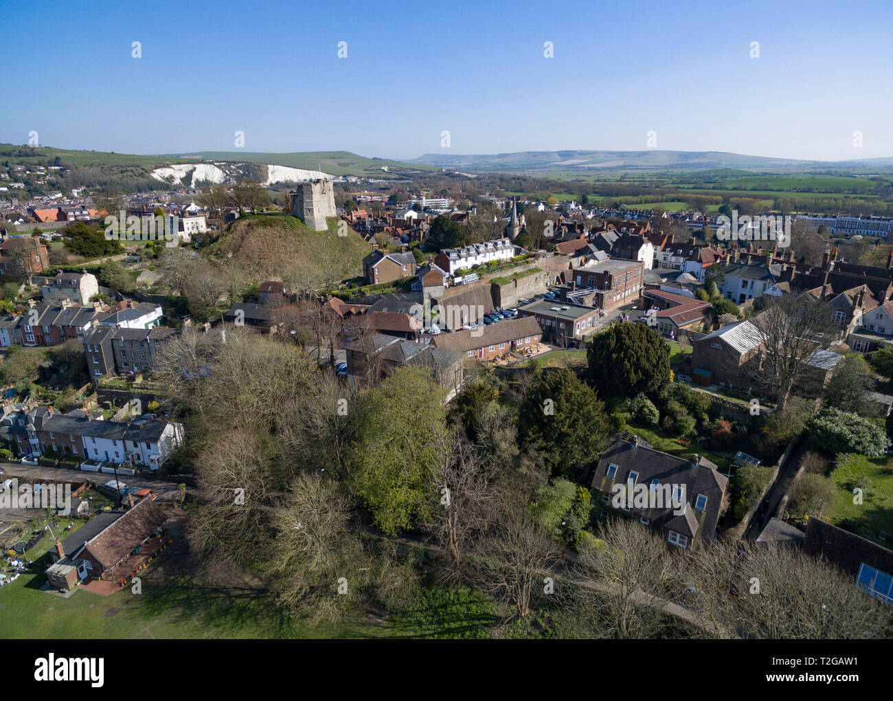 Vedute aeree di Lewes Castle e la cittadina di Lewes, East Sussex, Regno Unito Foto Stock