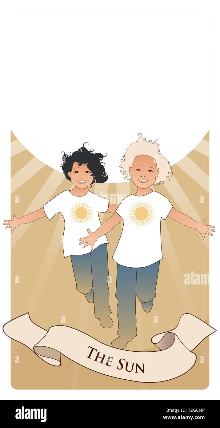 Arcani Maggiori carte dei Tarocchi. Le sole due felice twin boys in esecuzione con le braccia aperte nella parte anteriore del server Sun Illustrazione Vettoriale