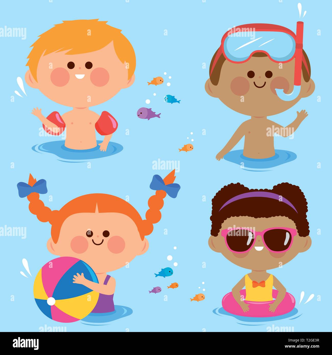 Bambini che nuotano in mare. I bambini piccoli nuotano in piscina con anelli da bagno. Illustrazione vettoriale. Illustrazione Vettoriale