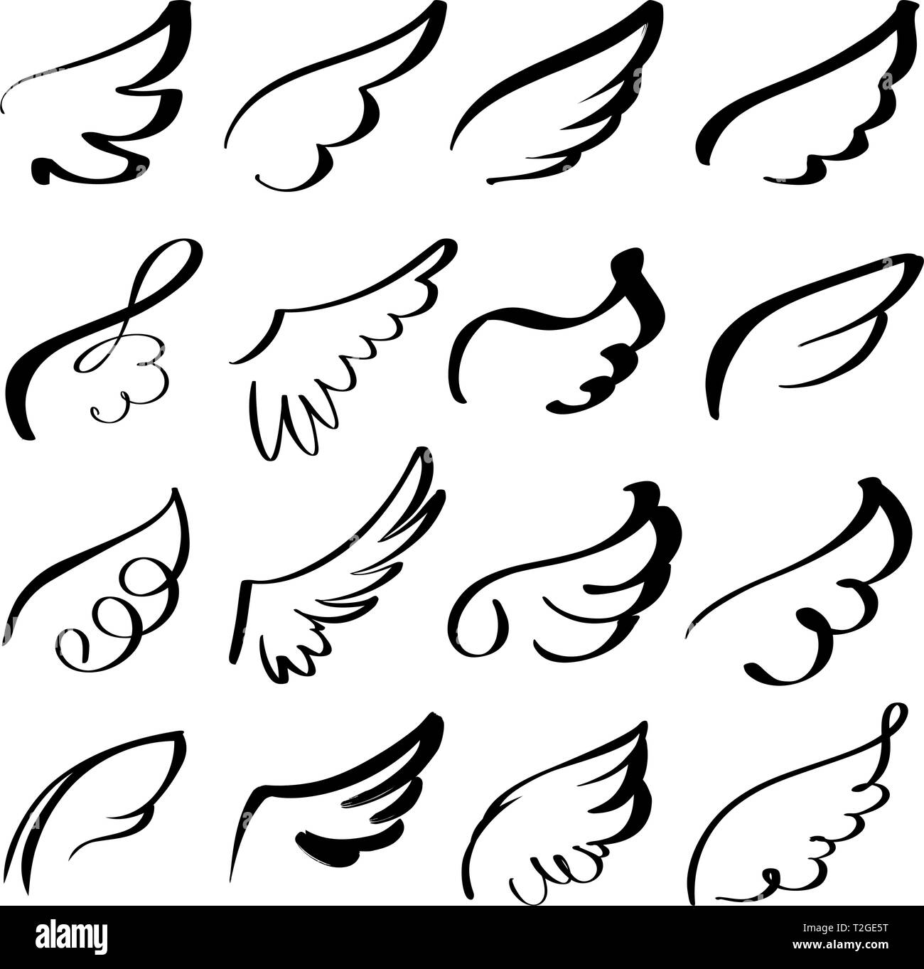 Abstract battenti colomba schizzo impostare l'icona Collezione cartoon disegnati a mano illustrazione vettoriale sketch. Illustrazione Vettoriale