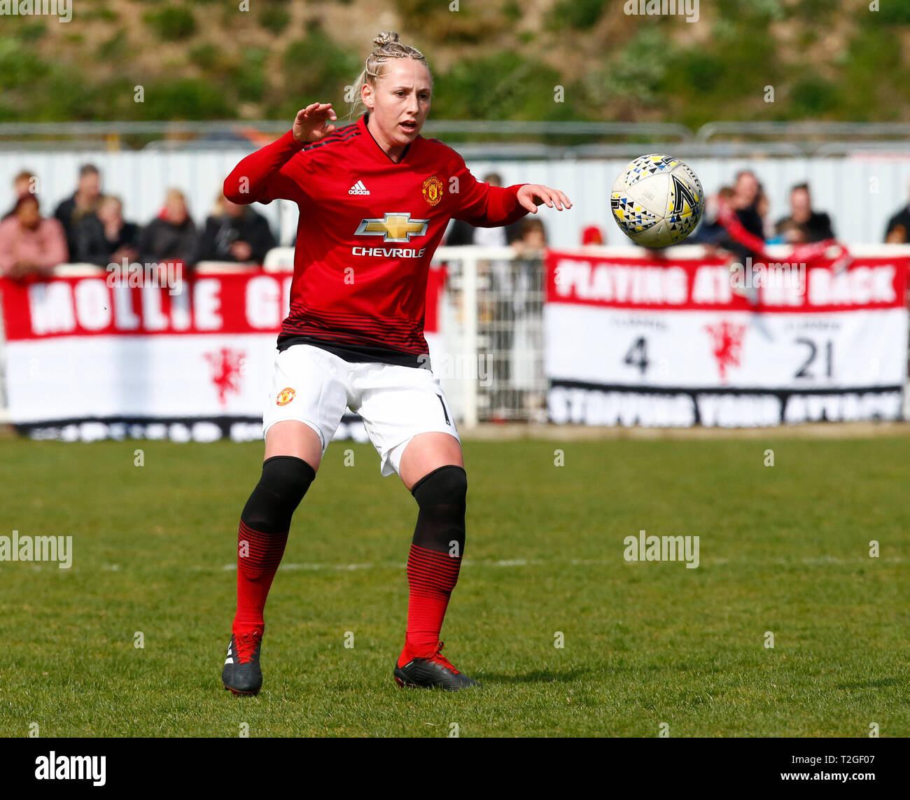 Cheshunt, Regno Unito. 31 Marzo,2019 Lia Galton del Manchester United per le donne durante la FA campionato delle donne match tra Tottenham Hotspur onorevoli Manc Foto Stock