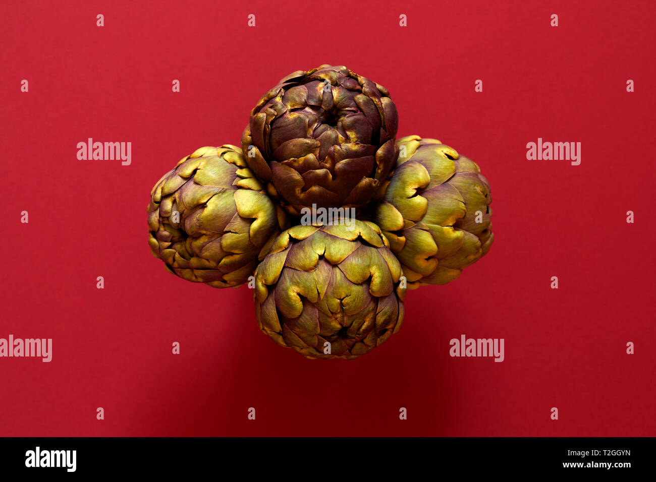 Gruppo di 4 carciofi isolato da sopra per un vino di sfondo concetto flatlay Foto Stock