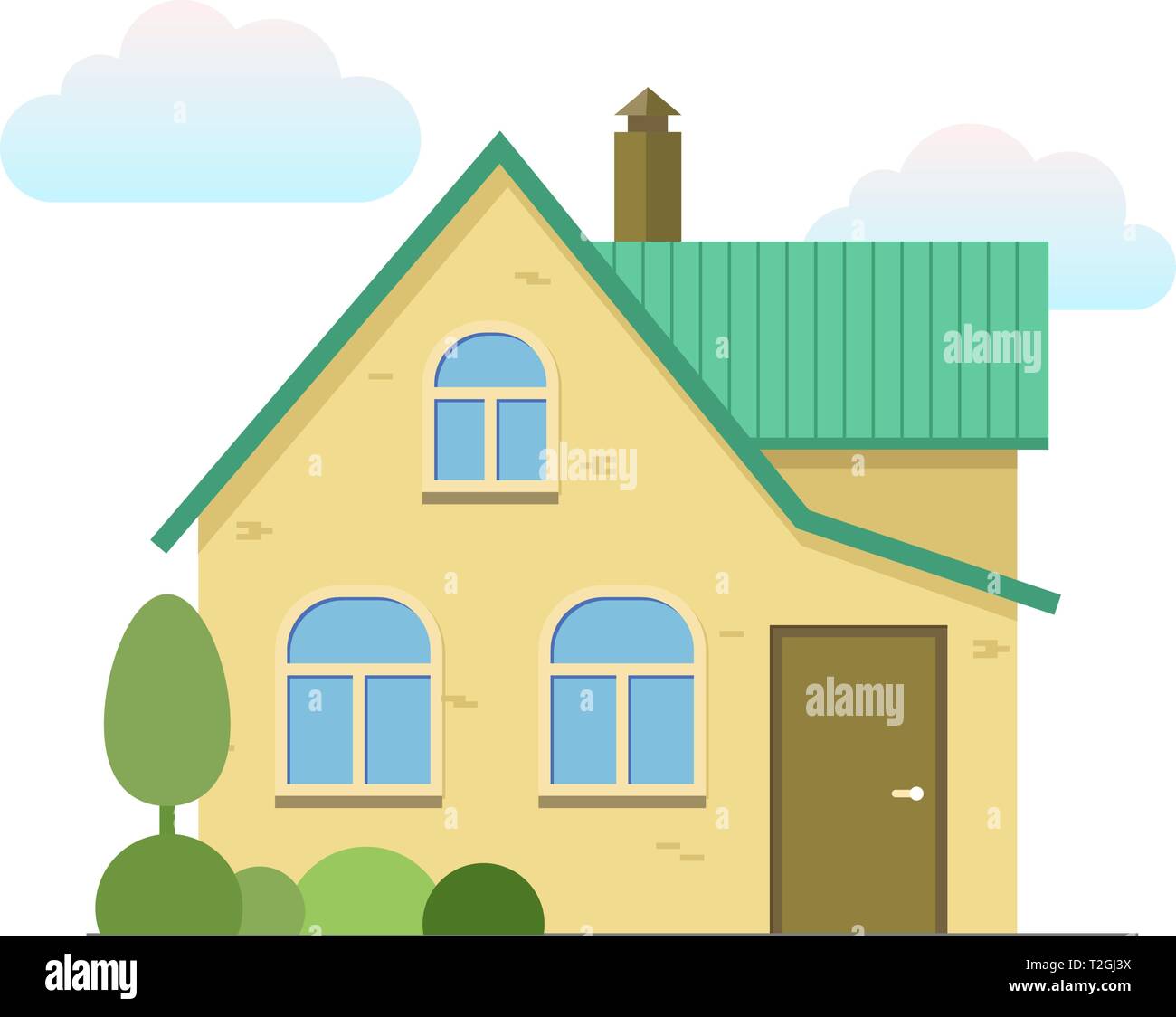 Casa con alberi e cespugli. Mattone giallo a parete, il tetto verde housetop. Design piatto architettura vettoriale illustrazione icona isolato Illustrazione Vettoriale