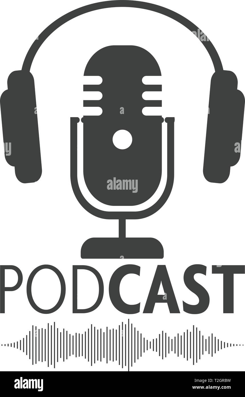 simbolo del podcasting con microfono, cuffie e illustrazione vettoriale della forma d'onda audio Illustrazione Vettoriale