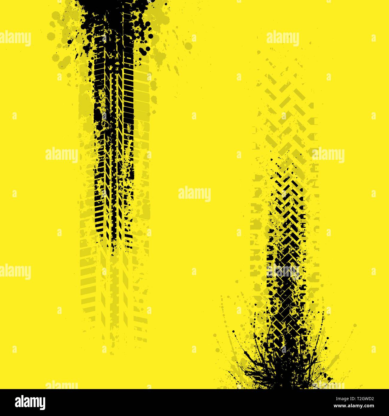 Grunge nero tracce di pneumatici con schizzi di inchiostro e shadow isolato su sfondo giallo Illustrazione Vettoriale