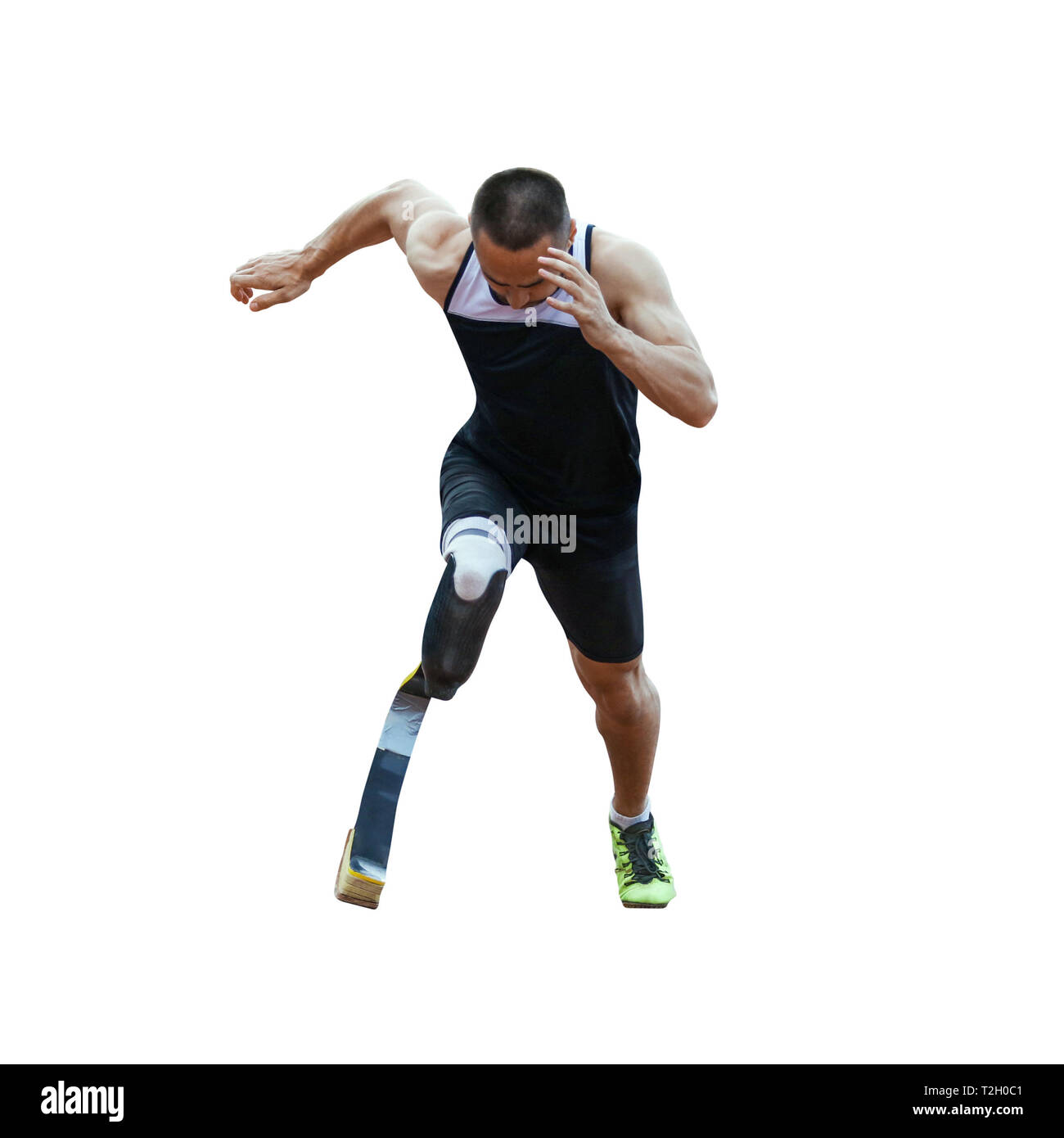 Inizia a correre atleta amputato disabili su sfondo bianco Foto Stock
