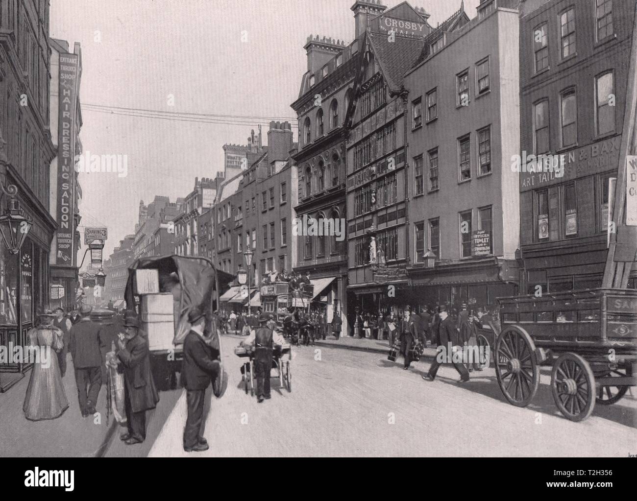 Bishopsgate Street - mostra Crosby hall sulla destra Foto Stock