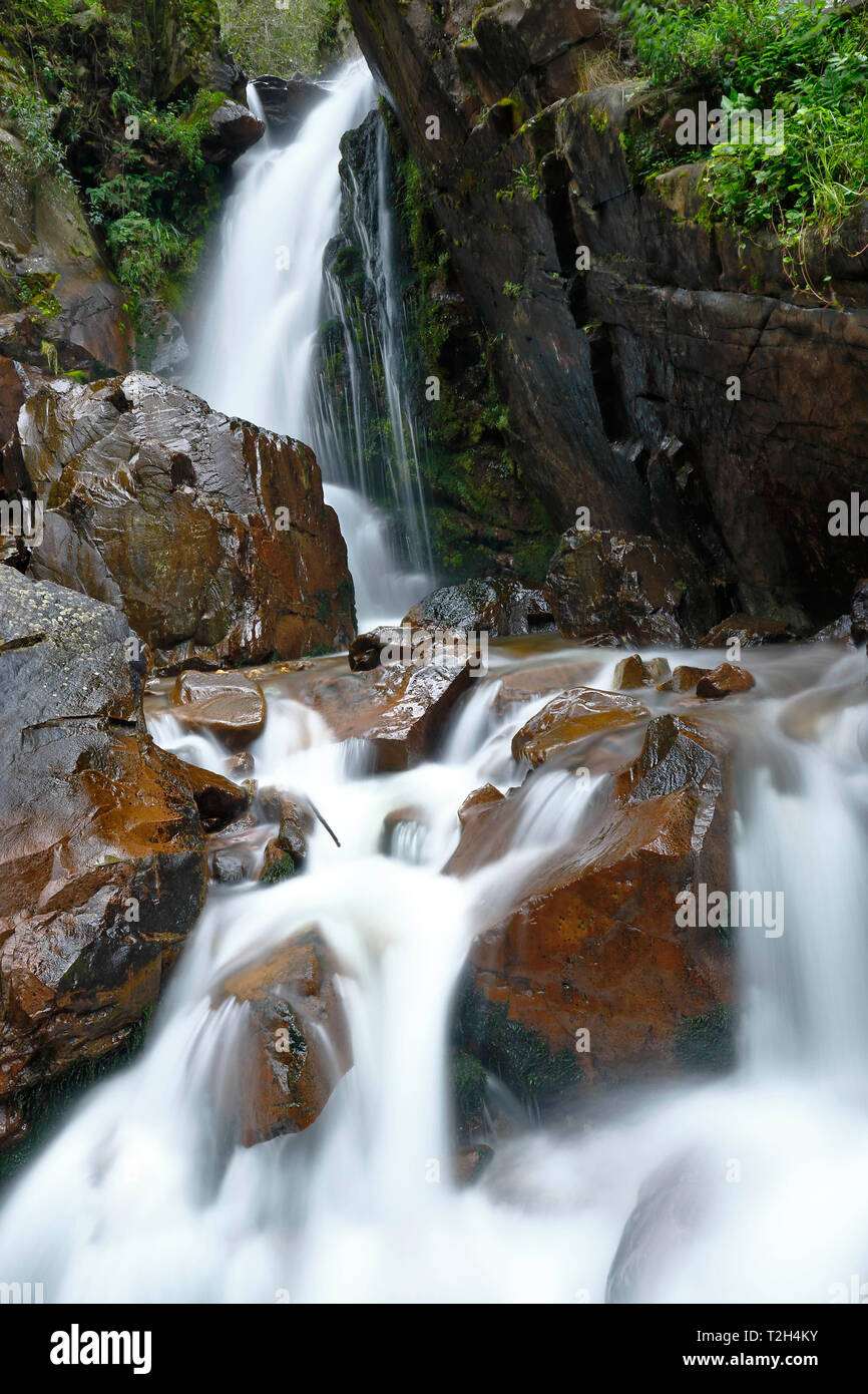 Le bellezze naturali della caduta di acqua all'interno della foresta andina in un flusso denominato Miraflores si trova nelle montagne. Foto Stock