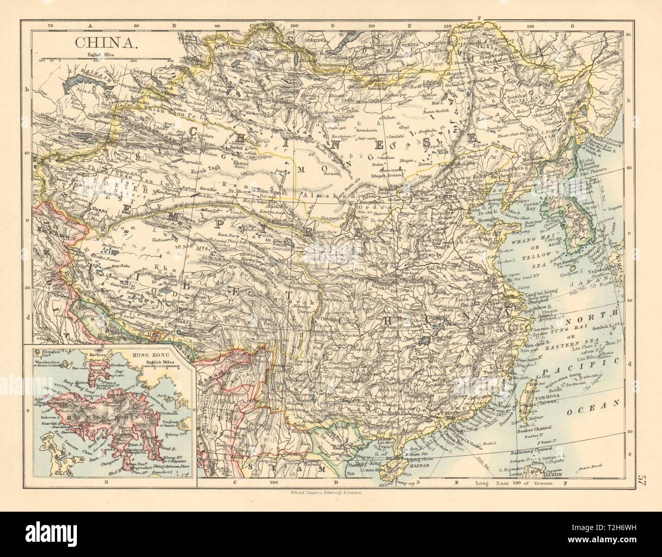 Impero cinese Cina Asia Orientale Tibet Mongolia. Hong Kong inset 1892 mappa vecchia Foto Stock