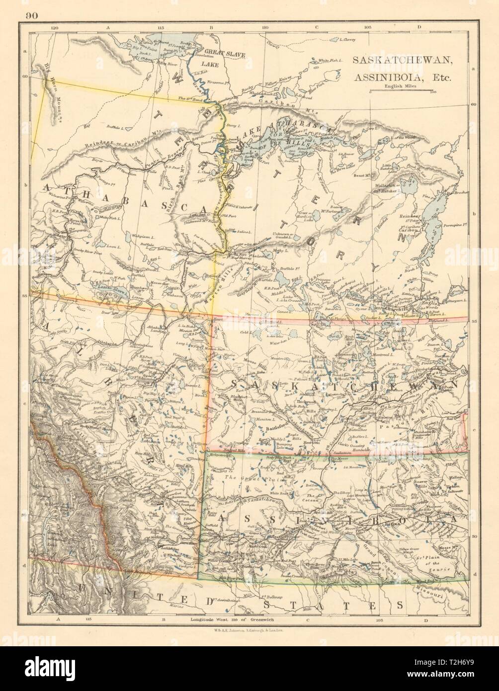 CANADA praterie Alberta Saskatchewan Assiniboia Athabasca JOHNSTON 1892 mappa Foto Stock