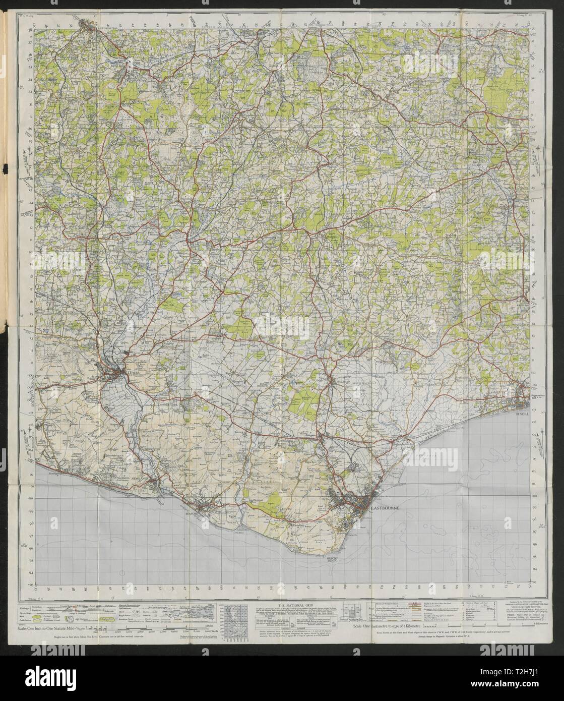 Foglio di Eastbourne 183 West Sussex Lewes High Weald Ordnance Survey 1940 mappa vecchia Foto Stock