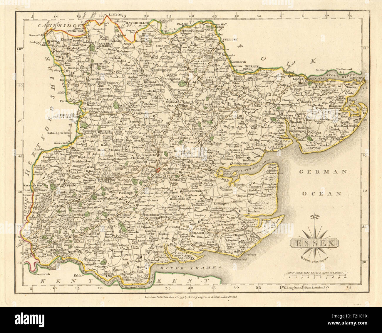 Antica mappa della contea di Essex da JOHN CARY. Originale a colori di contorno 1793 vecchio Foto Stock