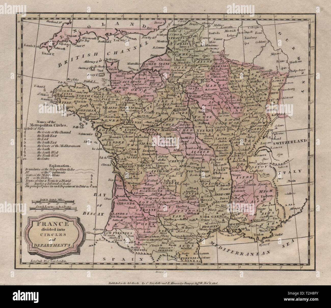 La Francia divisa in cerchi e reparti. BARLOW 1807 antica mappa grafico Foto Stock