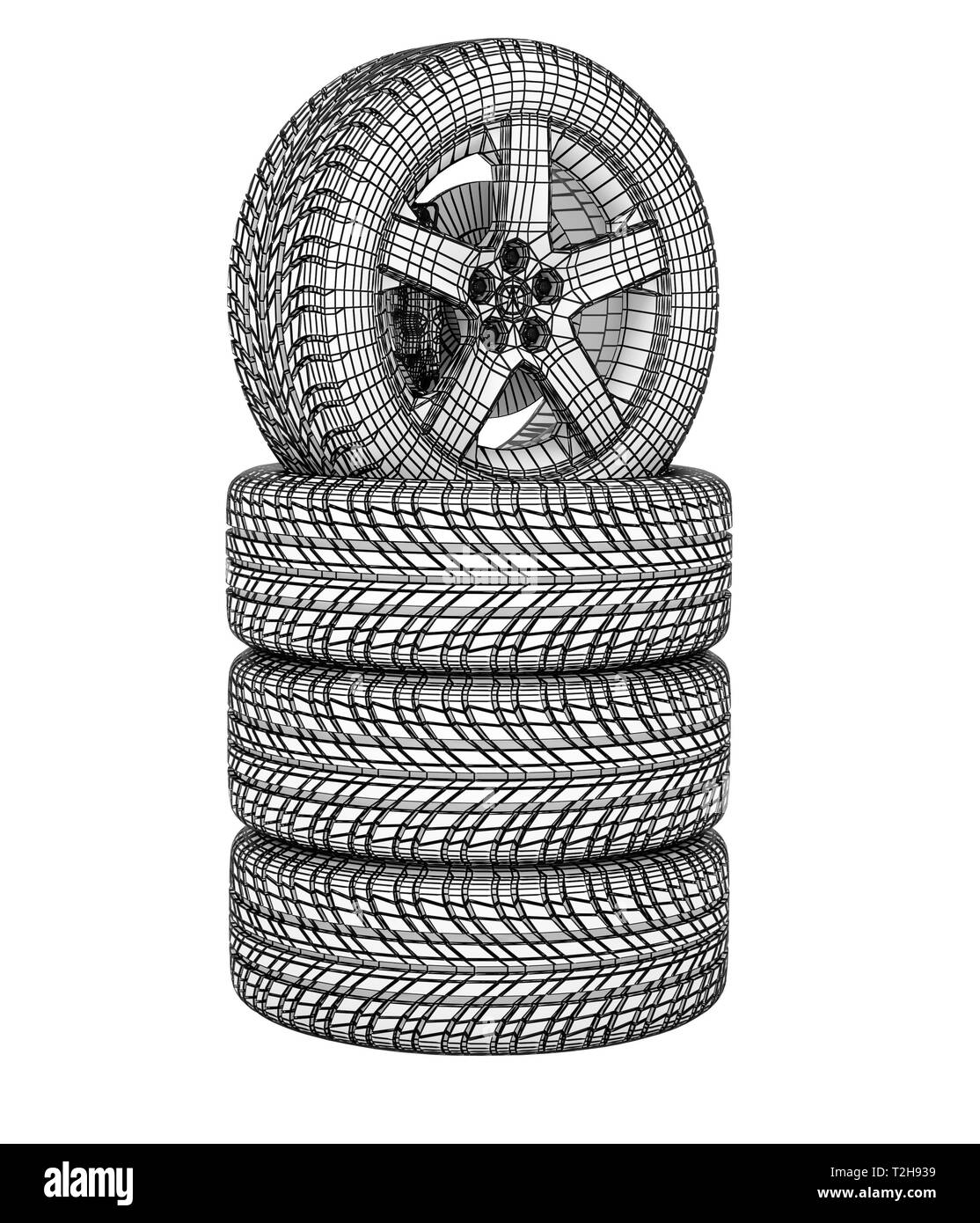 Nuovi pneumatici impilati e isolato su sfondo bianco. Immagine ad alta risoluzione Foto Stock