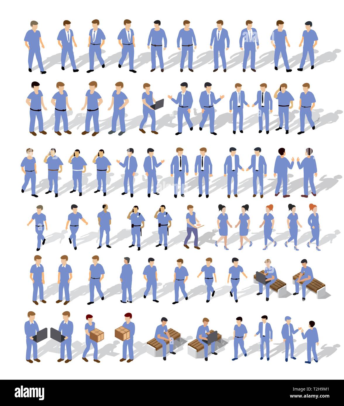 Persone isometrica urbano ambiente business, imprenditore e donna, set di oggetti. Illustrazione Vettoriale