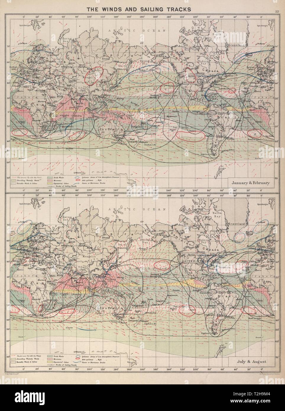 Mondo oceano Trade Winds & nave a vela rotte. Gennaio/febbraio e luglio/agosto 1916 mappa vecchia Foto Stock