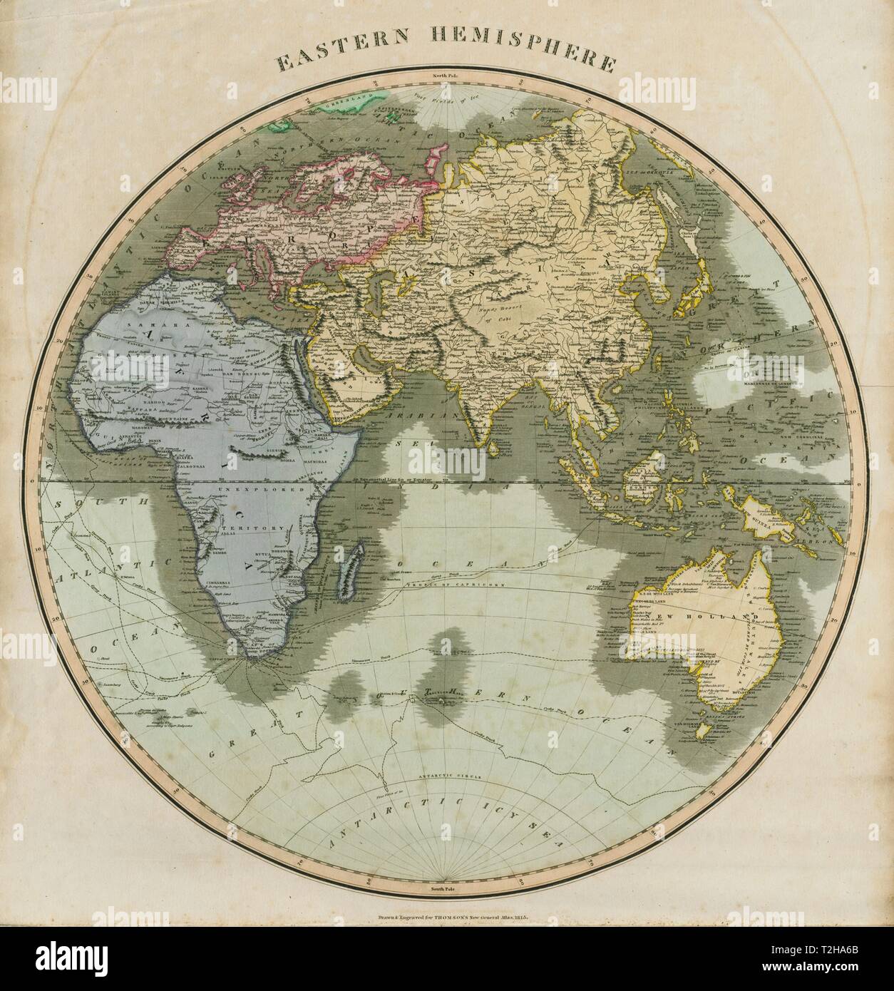 'Emisfero Orientale". Europa Africa Asia Oceania. THOMSON 1817 mappa vecchia Foto Stock