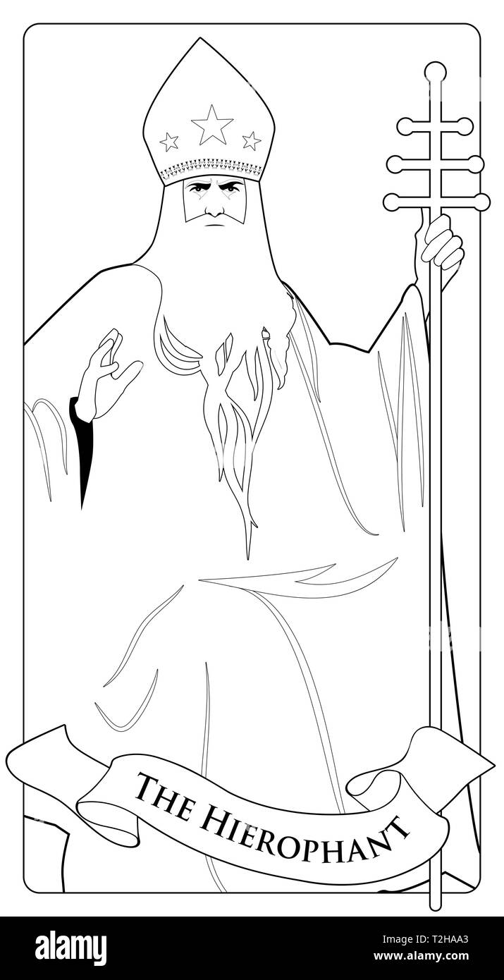 Arcani Maggiori carte dei Tarocchi. Il Semina-pietra. Il Papa con la barba  bianca e mitra con stelle, tenendo un golden crosier, la benedizione con la  sua mano destra Immagine e Vettoriale -