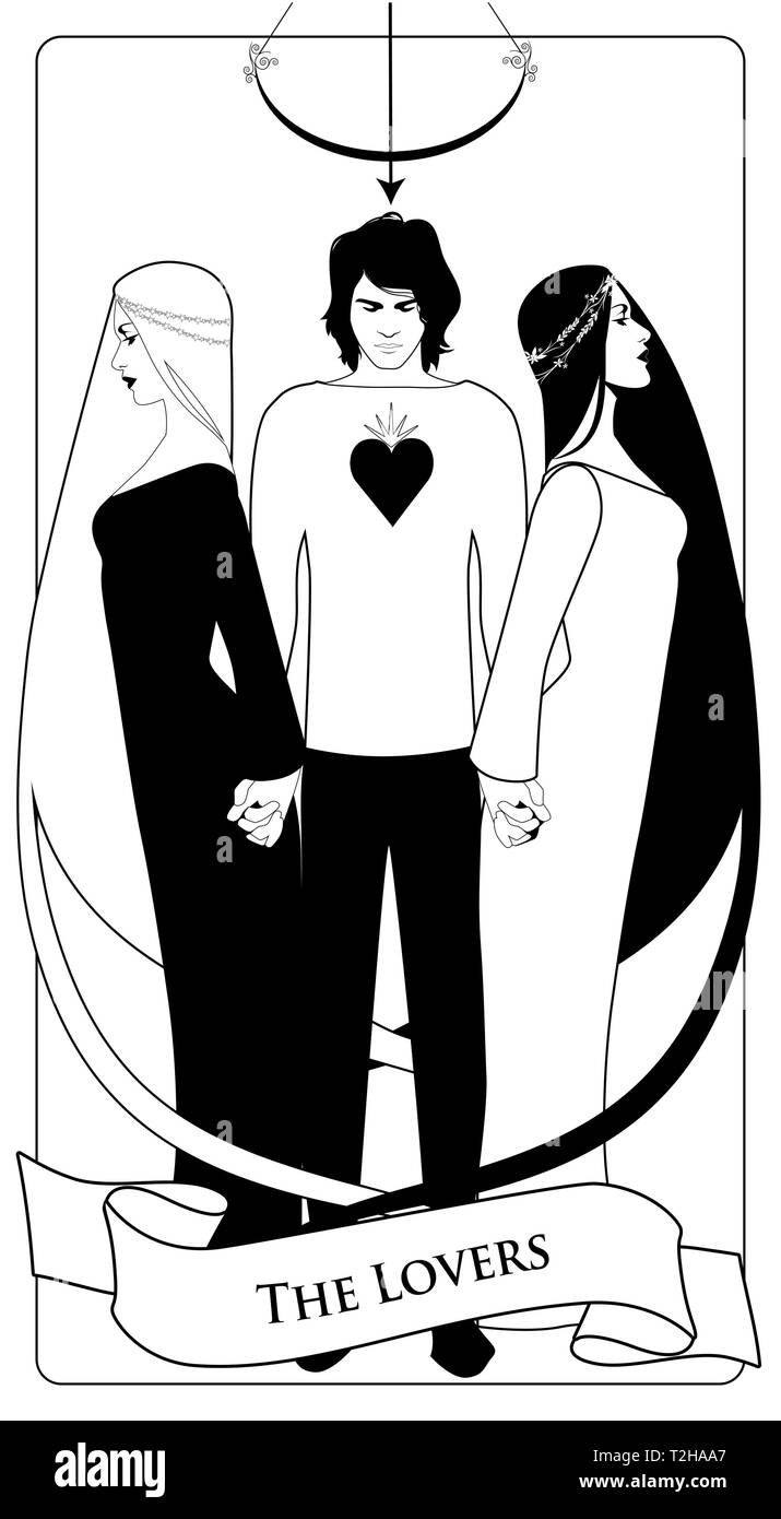 Arcani Maggiori carte dei Tarocchi. Gli amanti. Giovane uomo con due belle donne per mano. T-shirt con cuore sul petto e la prua e la freccia sulla sua testa Illustrazione Vettoriale