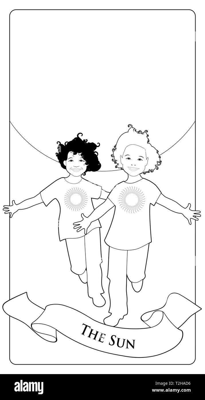 Arcani Maggiori carte dei Tarocchi. Le sole due felice twin boys in esecuzione con le braccia aperte nella parte anteriore del server Sun Illustrazione Vettoriale