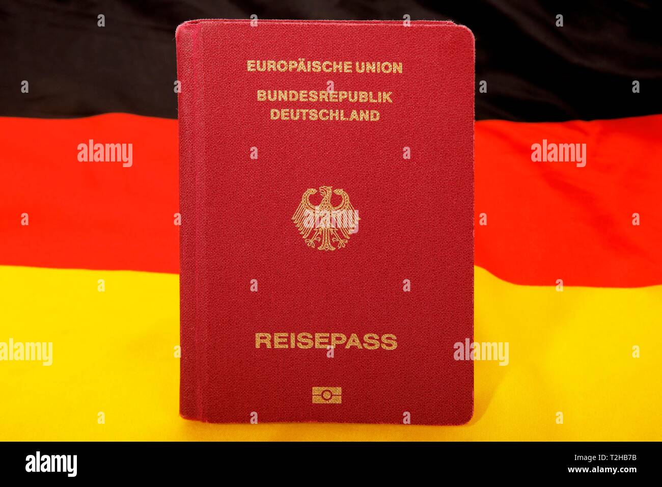 Passaporto biometrico, Repubblica federale di Germania, Unione europea, Black-Red-Golden tedesco bandiera nazionale dietro, Germania Foto Stock