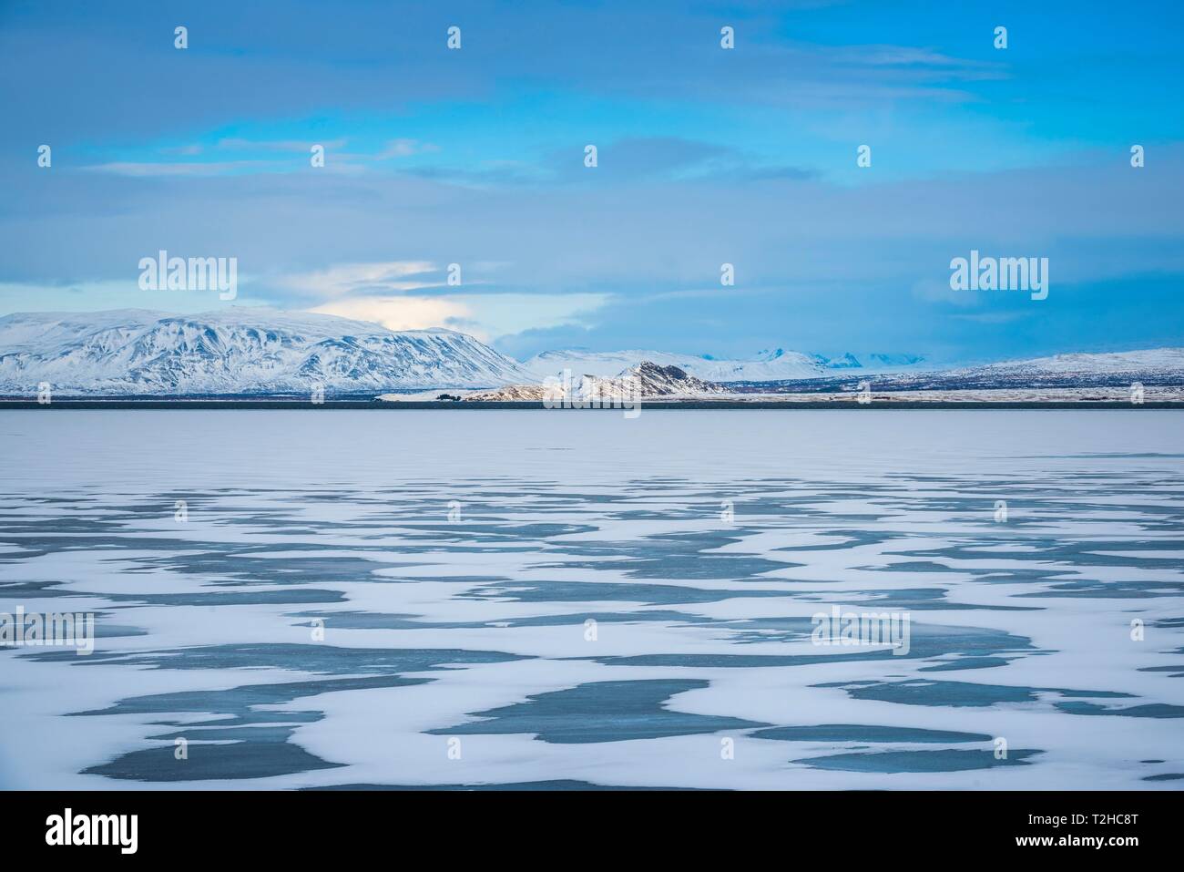 Paesaggio Innevato a Pingvallavatn, Pingvalla Lago, Sudurland, Islanda Foto Stock