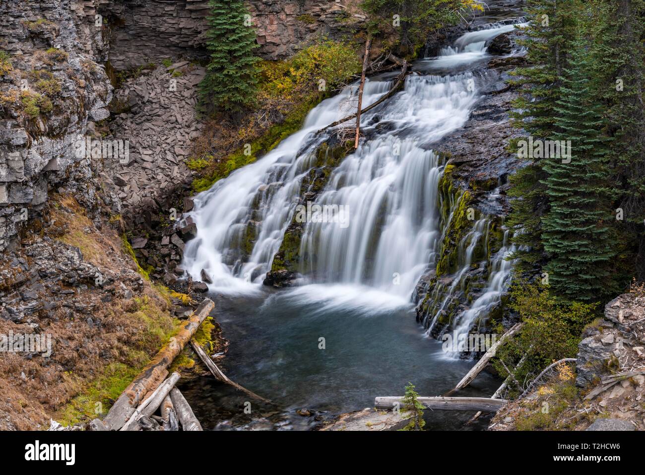 Cascata, Double cade, il fiume selvaggio Tumalo Creek, piegare Deschutes County, Oregon, Stati Uniti d'America Foto Stock