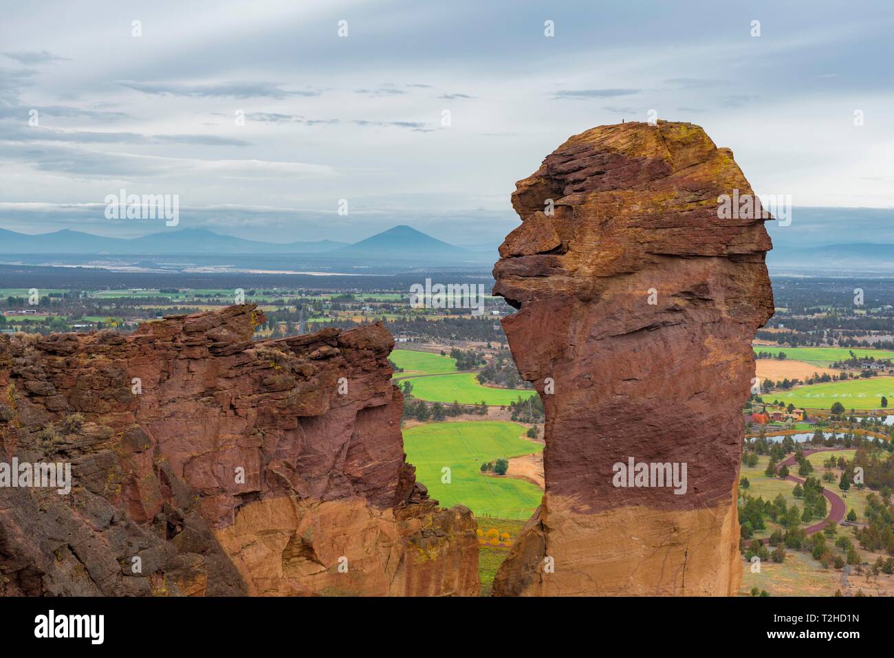 La formazione di Rock, rock ago muso di scimmia, retro del Monte Cofano, Smith Rock State Park, Oregon, Stati Uniti d'America Foto Stock