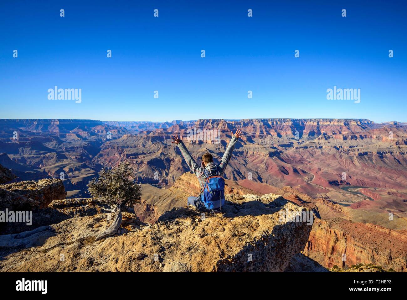 Giovane uomo con zaino, turistico si siede sul bordo del canyon del Grand Canyon, erose paesaggio roccioso, South Rim, il Parco Nazionale del Grand Canyon Foto Stock