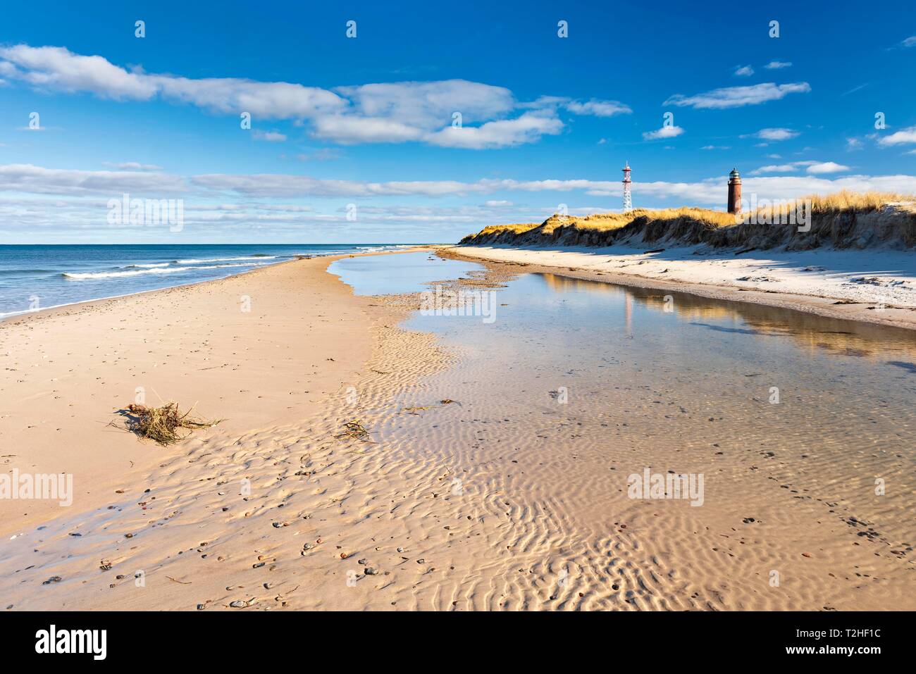 Mar Baltico Spiaggia di Darsser Ort, faro e il trasmettitore di montante, la Pomerania occidentale Area Laguna National Park, Prerow, Fischland-Darss-Zingst Foto Stock