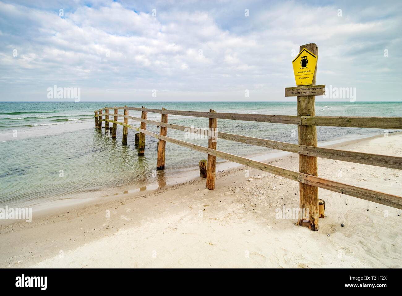 Recinzione sulla spiaggia del Mar Baltico come confine della chiusa core zone della Pomerania occidentale Area Laguna National Park, Seebad Zingst Foto Stock