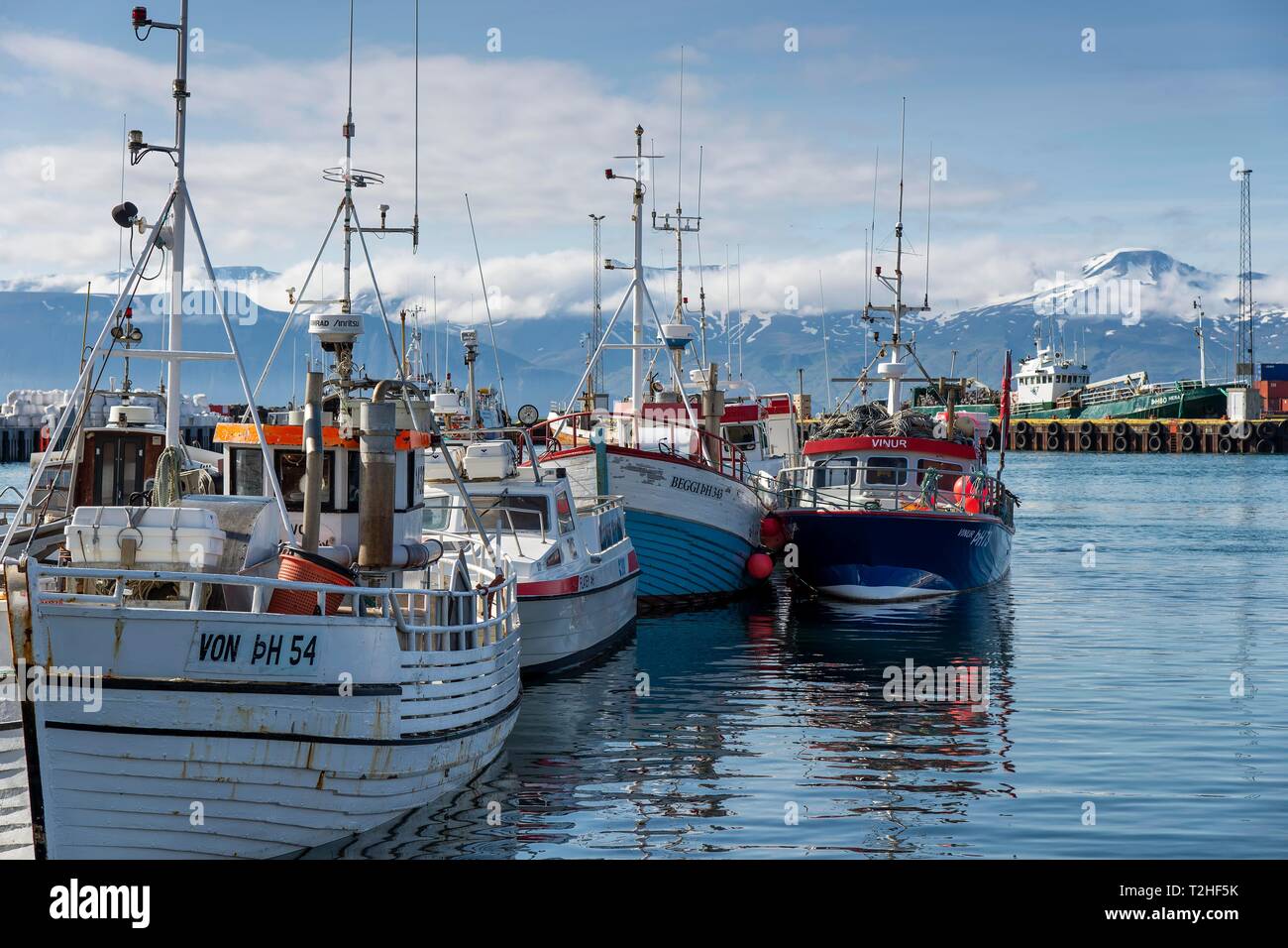 Barche da pesca nel porto di Husavik, Husavik, Islanda Foto Stock