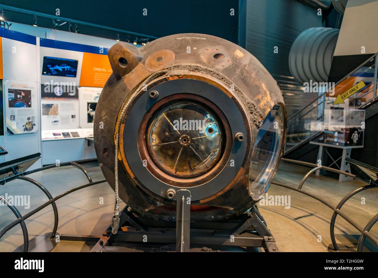 Navicella spaziale Soyuz capsula, presidiata modulo, il Museo del Volo, Seattle, Washington, Stati Uniti d'America Foto Stock