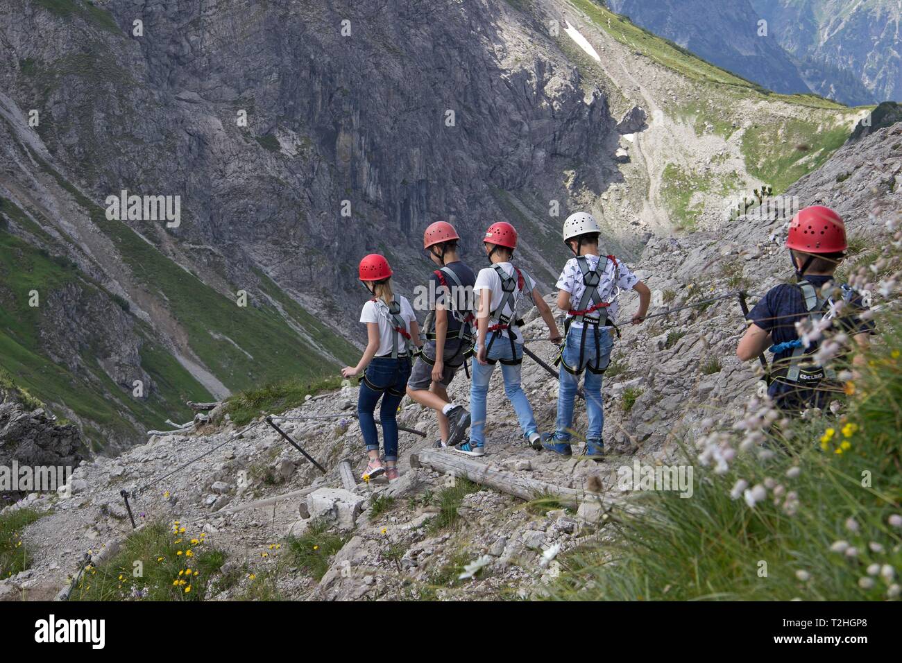 Arrampicata per bambini con cavo, Kanzelwand, Riezlern, Kleinwalsertal, Austria Foto Stock