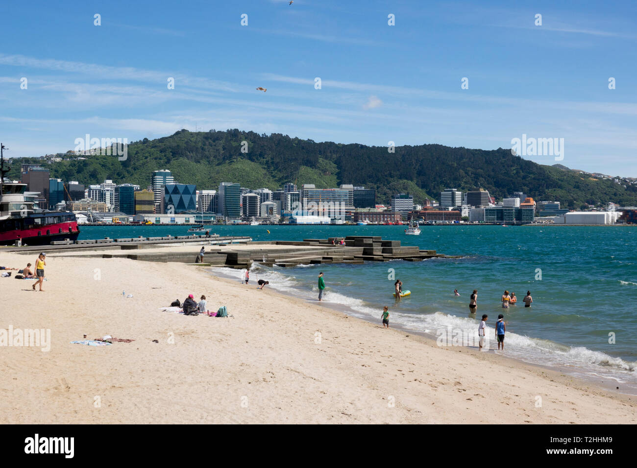 Freyberg spiaggia e sul lungomare della città di Wellington, Nuova Zelanda, Oceania Foto Stock