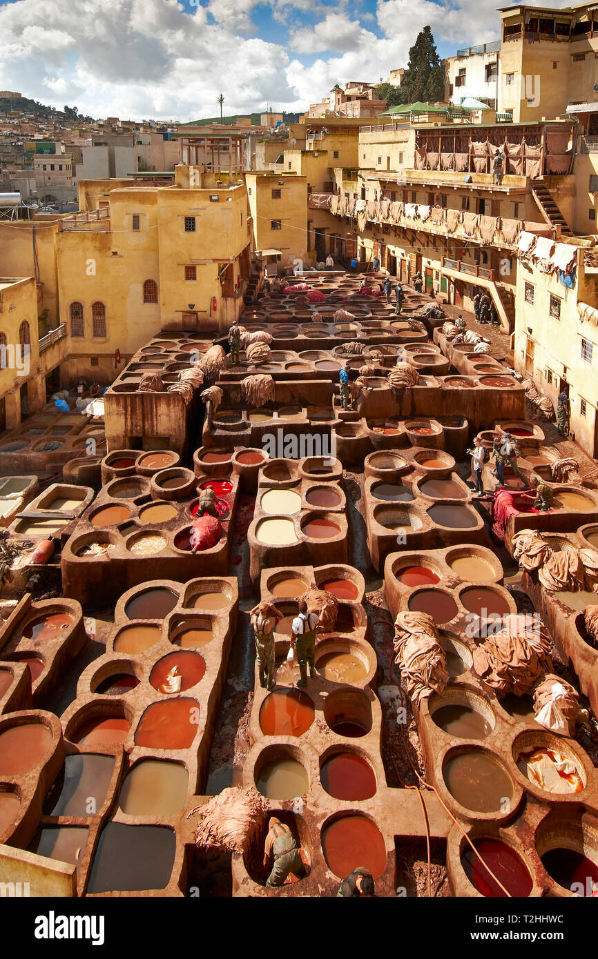 Il Marocco Fes Medina La conceria CHOUARA nasconde in vasche con pigmenti colorati e lavoratori ordinamento della pelle Foto Stock