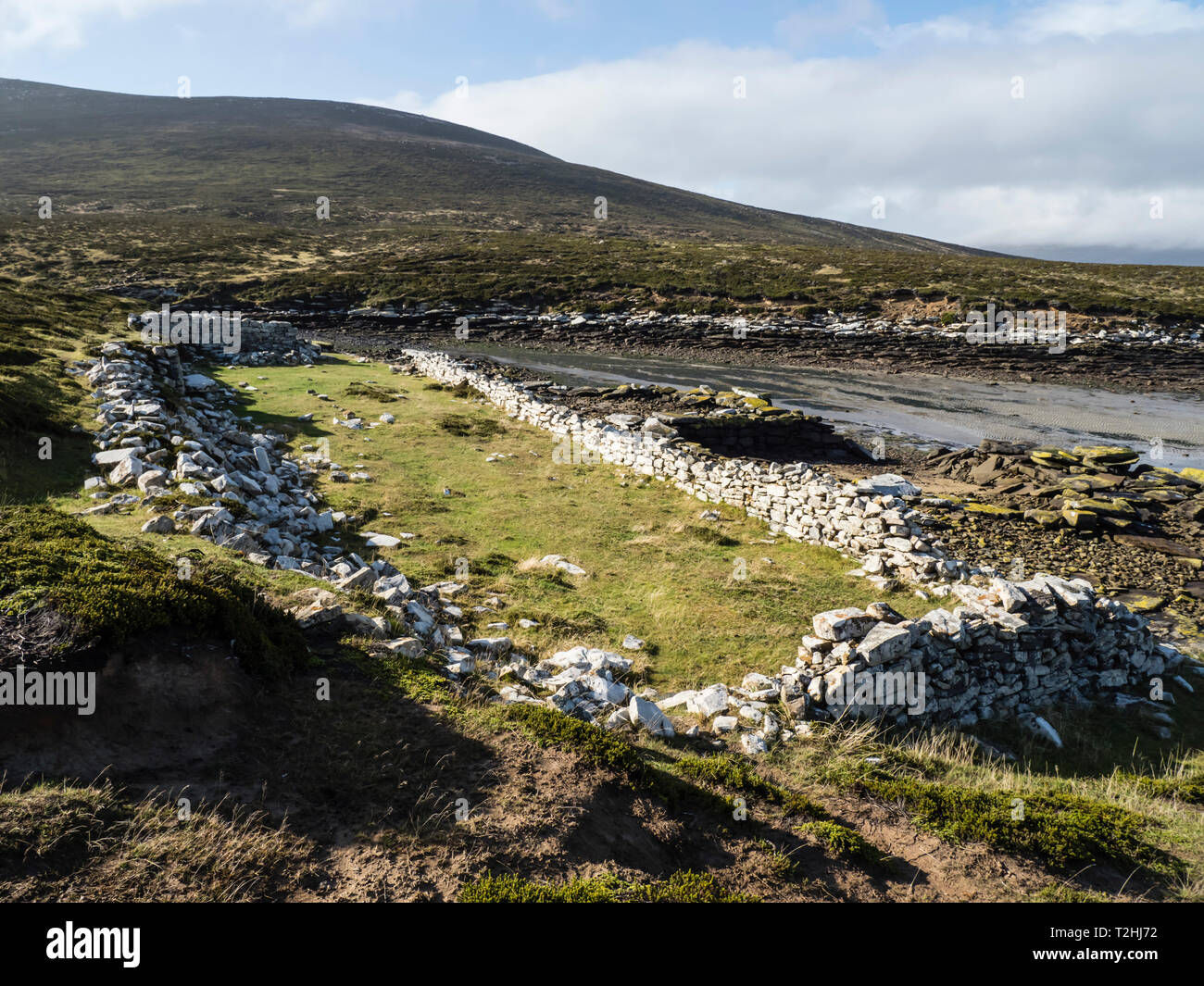 I resti della guarnigione britannica stabilito a Port Egmont nel 1765 su Saunders Island, Isole Falkland, Sud Atlantico Foto Stock