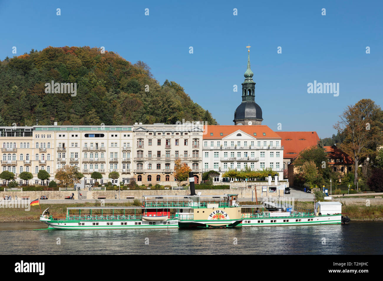 Paddlestreamer storica sul fiume Elba, Bad Schandau, Elbsandstein montagne, la Svizzera Sassonia, Sassonia, Germania, Europa Foto Stock
