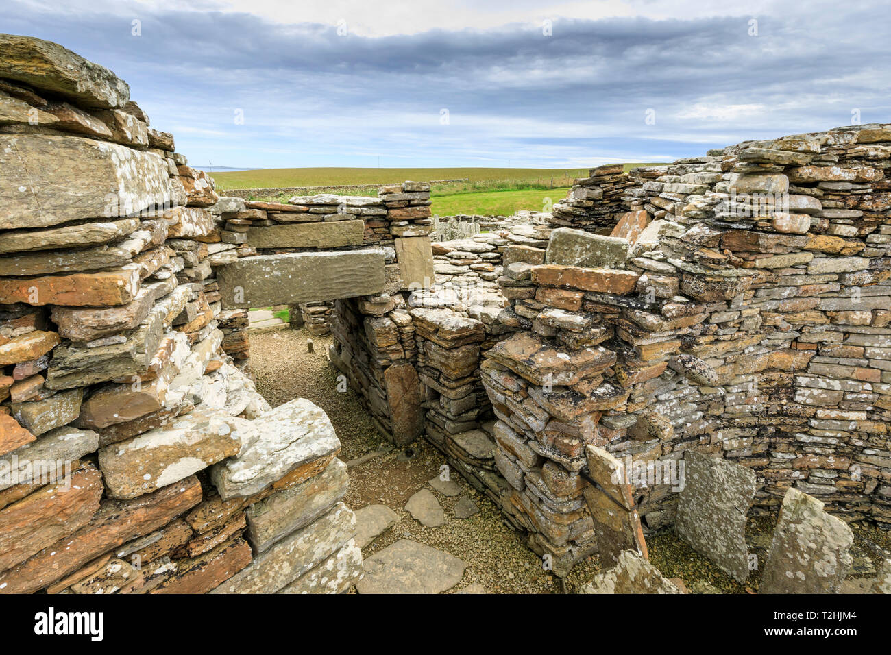 Broch di Gurness interno, Iron Age complex, insediamento preistorico, Eynhallow Sound, isole Orcadi Scozia, Regno Unito, Europa Foto Stock
