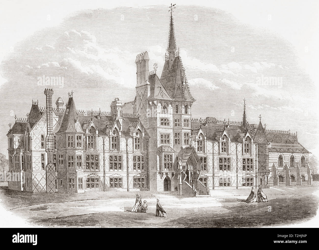 Il francese ospedale protestante, (1718 - 1949), Victoria Park, Londra, Inghilterra, visto qui nella sua nuova posizione, 1865. Questo ospedale è stato stabilito come un almshouse per il sollievo dei poveri, distressed Huguenots. Dal Illustrated London News, pubblicato 1865. Foto Stock