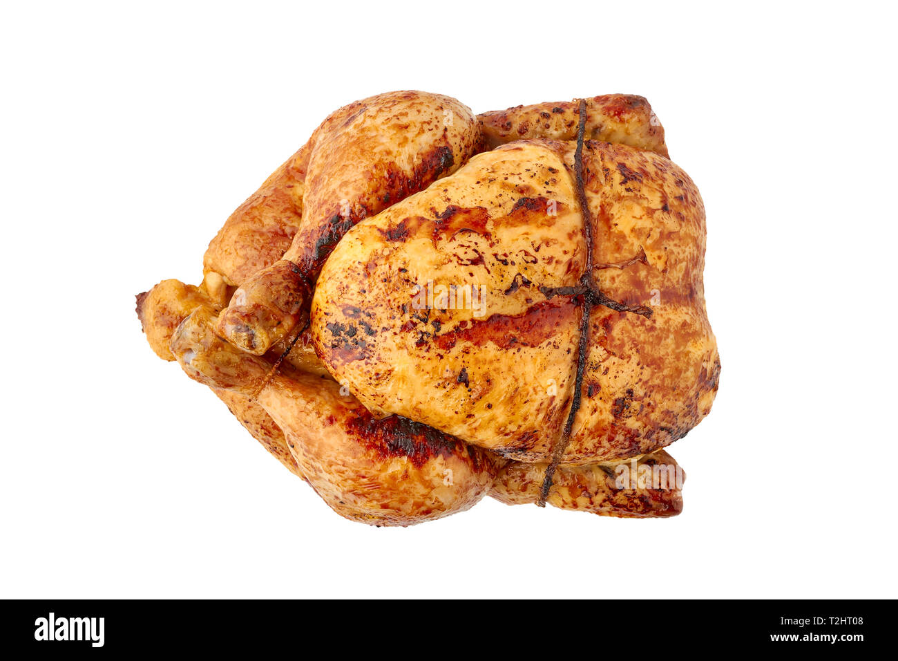Arrosto di pollo croccante isolati su sfondo bianco. Vista superiore Foto Stock