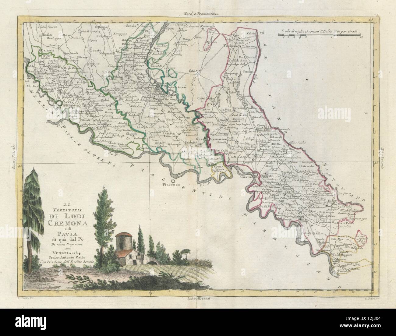 Li Territorii di Lodi, Cremona e di Pavia di qua dal Po'. ZATTA 1784 mappa  vecchia Foto stock - Alamy