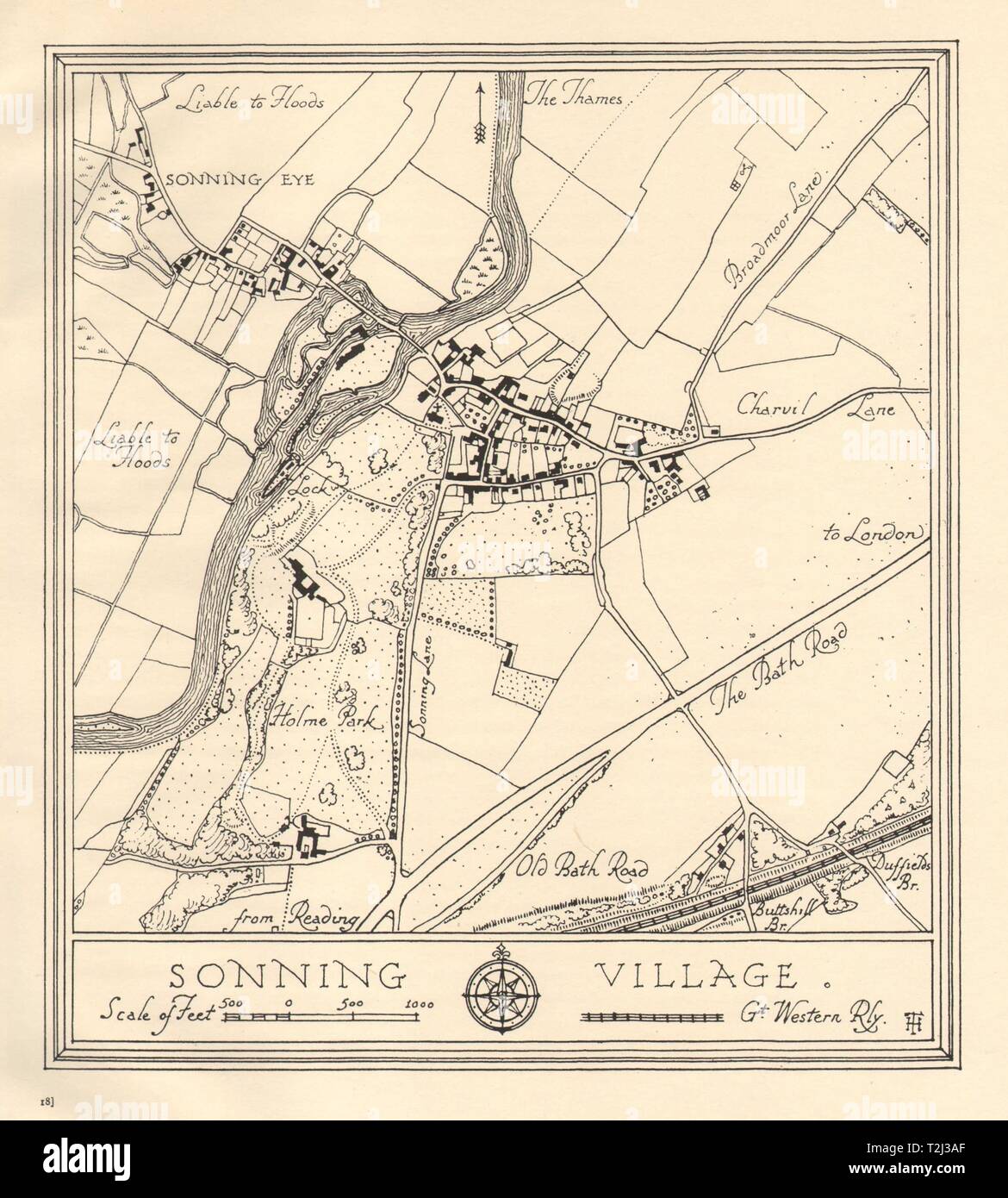 Piano urbanistico del villaggio di Sonning, Berkshire. La Thames Valley 1929 old vintage map Foto Stock