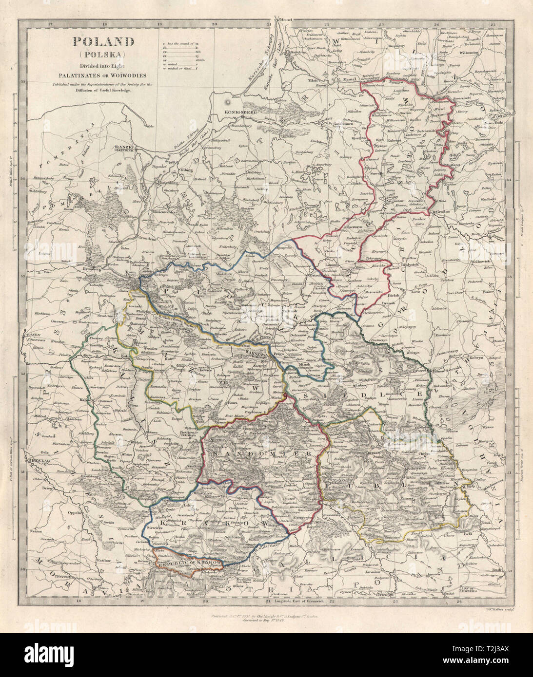 La Polonia POLSKA. Palatinates Woiwodies. Mazow Cracovia Kalisz Plock. SDUK 1846 mappa Foto Stock