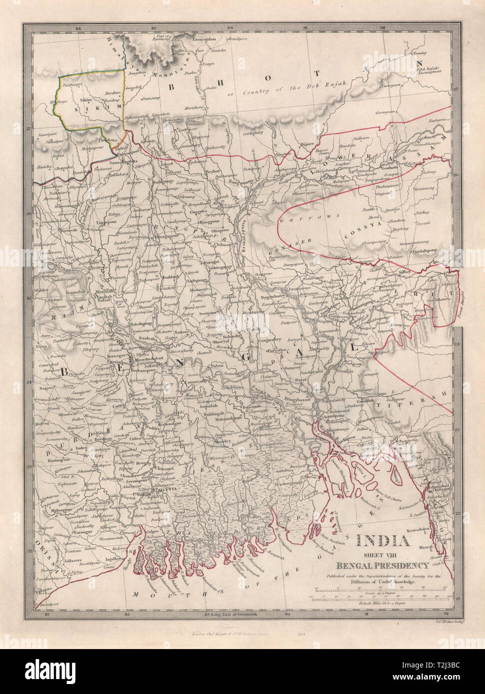 INDIA VIII. Presidenza del Bengala. Bangladesh Chittagong Bhutan Sikim. SDUK 1846 mappa Foto Stock