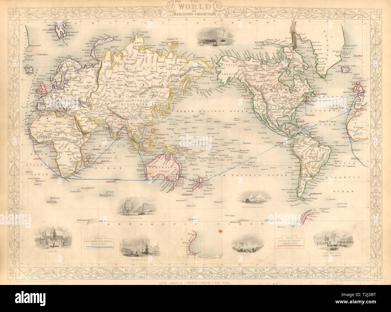 Impero britannico. Mostra i percorsi di vapore per le colonie.World. RAPKIN/TALLIS 1851 mappa Foto Stock