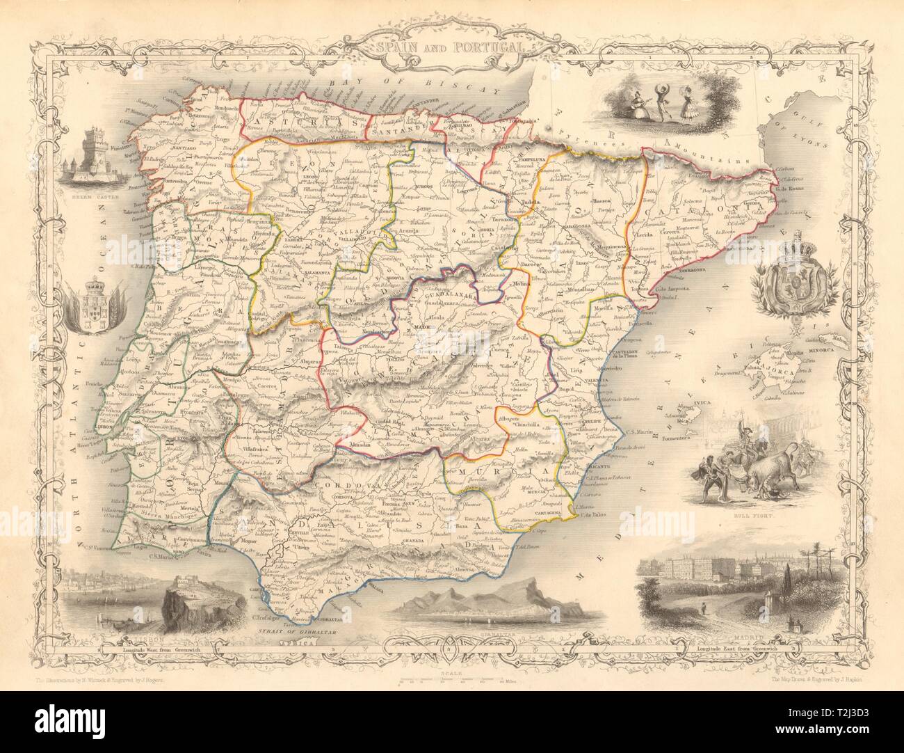 Spagna e Portogallo. Madrid Lisbona vedute di Gibilterra. Iberia TALLIS & RAPKIN 1851 mappa Foto Stock