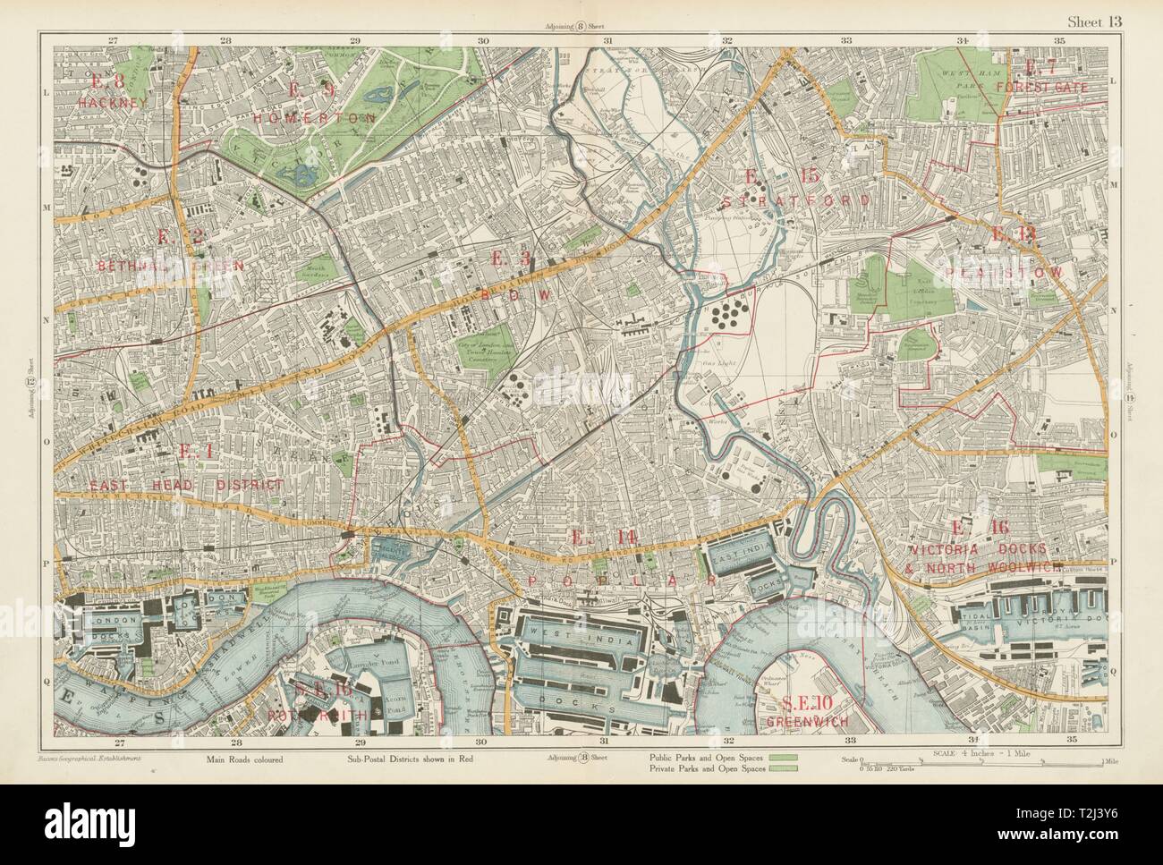 LONDON EAST END Bethnal Grn Bow Stepney West Ham Poplar Stratford.BACON 1934 mappa Foto Stock