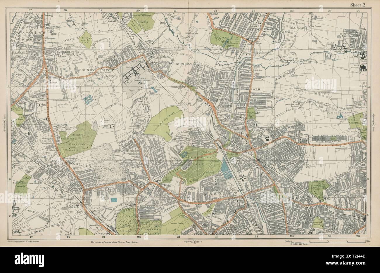 FRIERN BARNET/HORNSEY Palmers/Wood Green Southgate Muswell Hill. BACON 1919 mappa Foto Stock