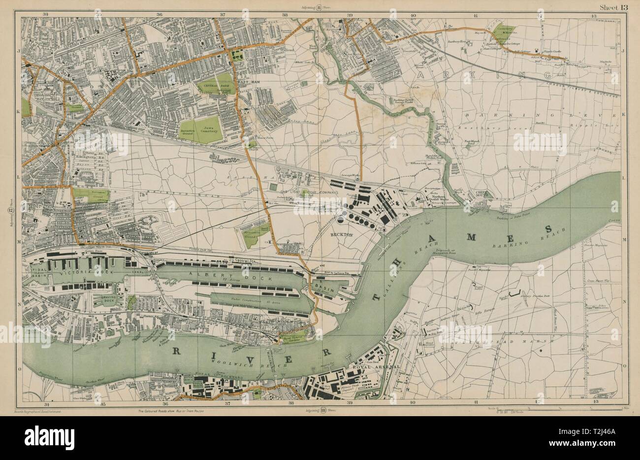 Ovest/Est prosciutto & BARKING Plaistow Woolwich Thamesmead Beckton. BACON 1919 mappa Foto Stock